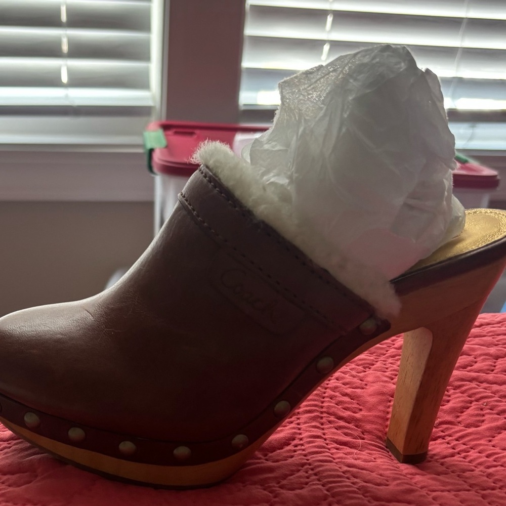 Coach Brown Leather Mules with Shearling Trim